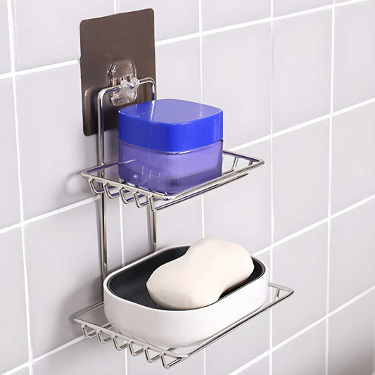 Stainless Steel Soap Dish Holder – Wall-Mounted, Double Tier with Drain Tray